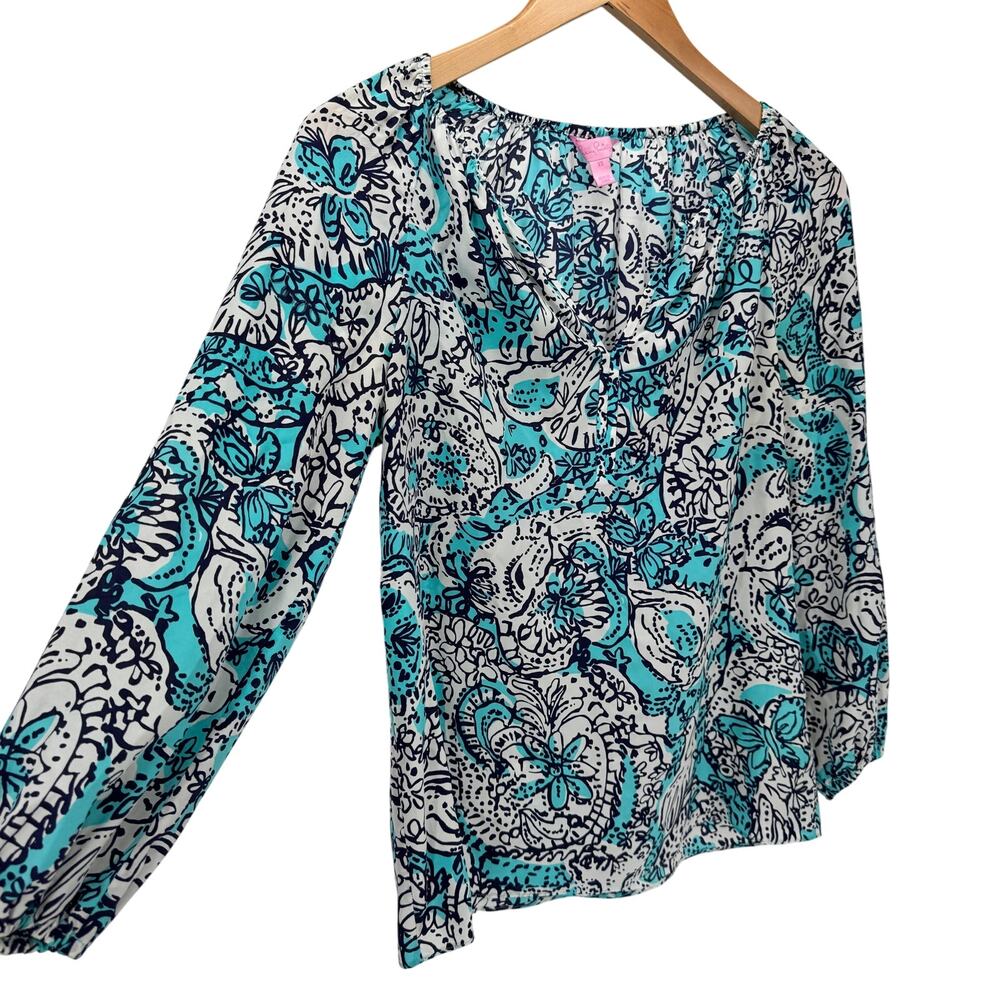 Lilly‎ Pulitzer Blouse Womens XS Blue Floral V-Neck Sarabeth Hippy Hippy Shake - Picture 3 of 9